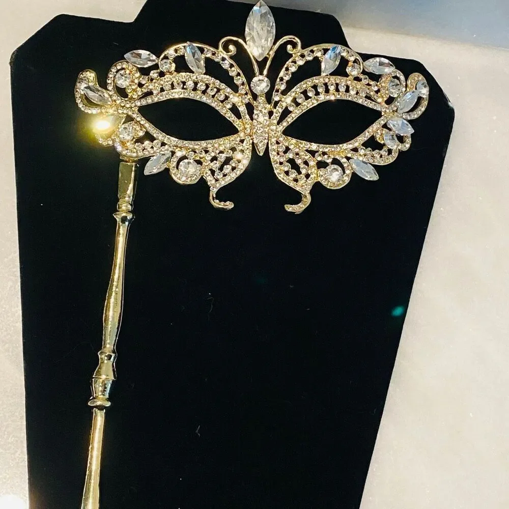 NWT AB Crystal Masquerade Rhinestone Prom Mask With Stick Handheld Gold-tone OS